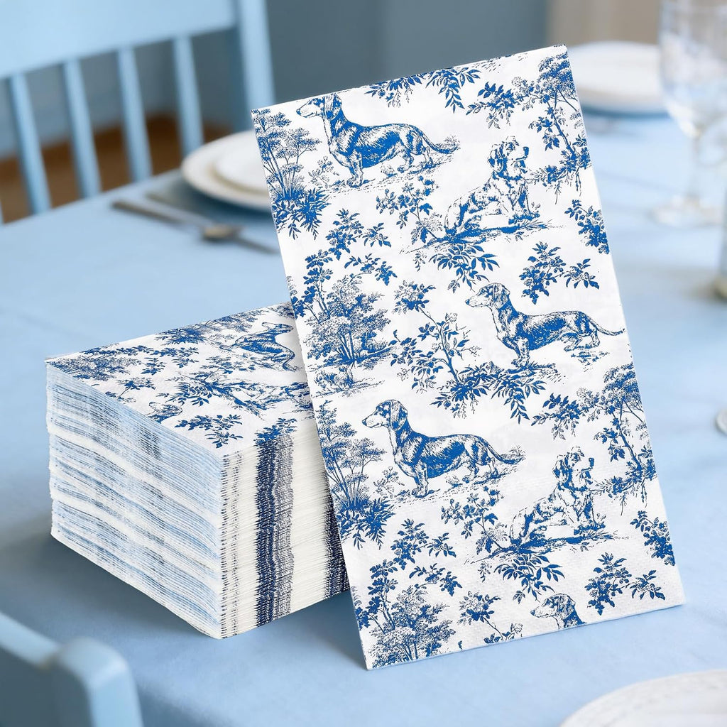 AnyDesign Chinoiserie Dachshund Guest Napkins Paper Napkins Blue White Floral Weiner Sausage Dog Disposable Hand Towels for Home Bathroom Kitchen Table Decor Supplies, 50 Pcs