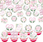 64 PCS Edible Baby Shower Cupcake Toppers Wafer Paper Floral Leaves Welcome Baby Girl Cupcake Picks Edible Love Baby in Bloom Cake Decorations for Gender Reveal Theme Girls Birthday Party Supplies