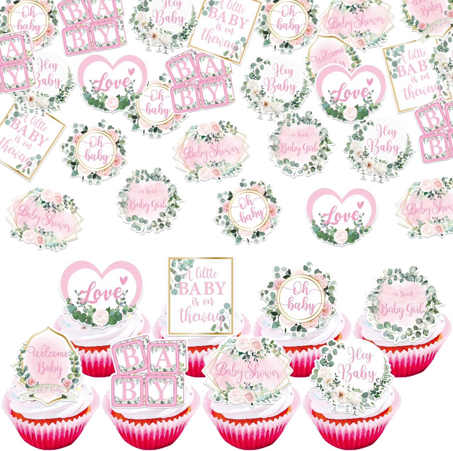 64 PCS Edible Baby Shower Cupcake Toppers Wafer Paper Floral Leaves Welcome Baby Girl Cupcake Picks Edible Love Baby in Bloom Cake Decorations for Gender Reveal Theme Girls Birthday Party Supplies