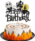 1 PCS Halloween Happy Birthday Cake Topper Glitter Jack and Sally Castle Ghost Halloween Cake Pick for Nightmare Theme Baby Shower Birthday Before Christmas Party Cake Decorations Supplies