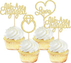 Gyufise 24Pcs Gold We're Engaged Cupcake Topper Glitter Bridal Shower Diamond Ring Love Heart Cupcake Picks Wedding Engagement Theme Party Cake Decorations Supplies