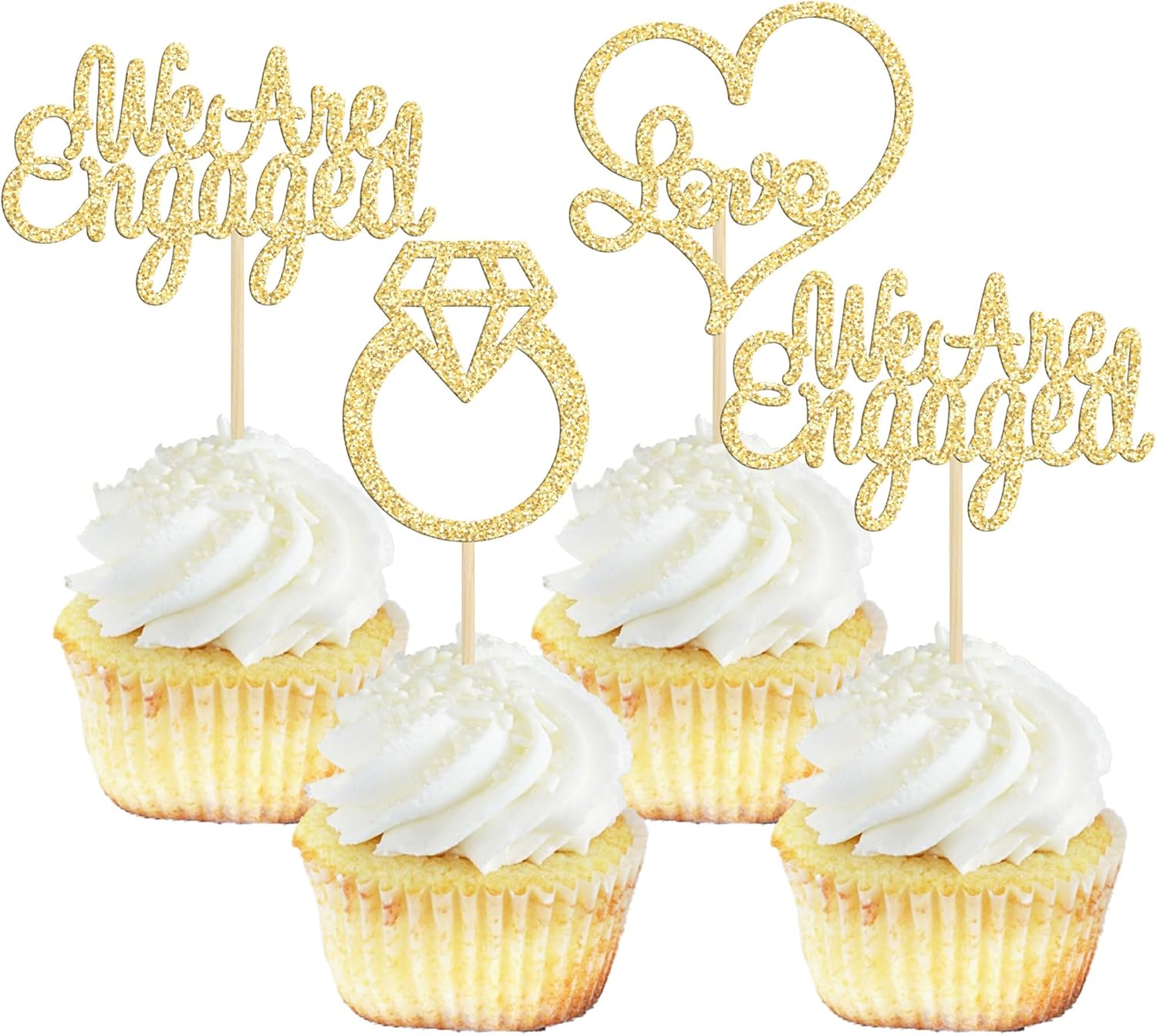 Gyufise 24Pcs Gold We're Engaged Cupcake Topper Glitter Bridal Shower Diamond Ring Love Heart Cupcake Picks Wedding Engagement Theme Party Cake Decorations Supplies