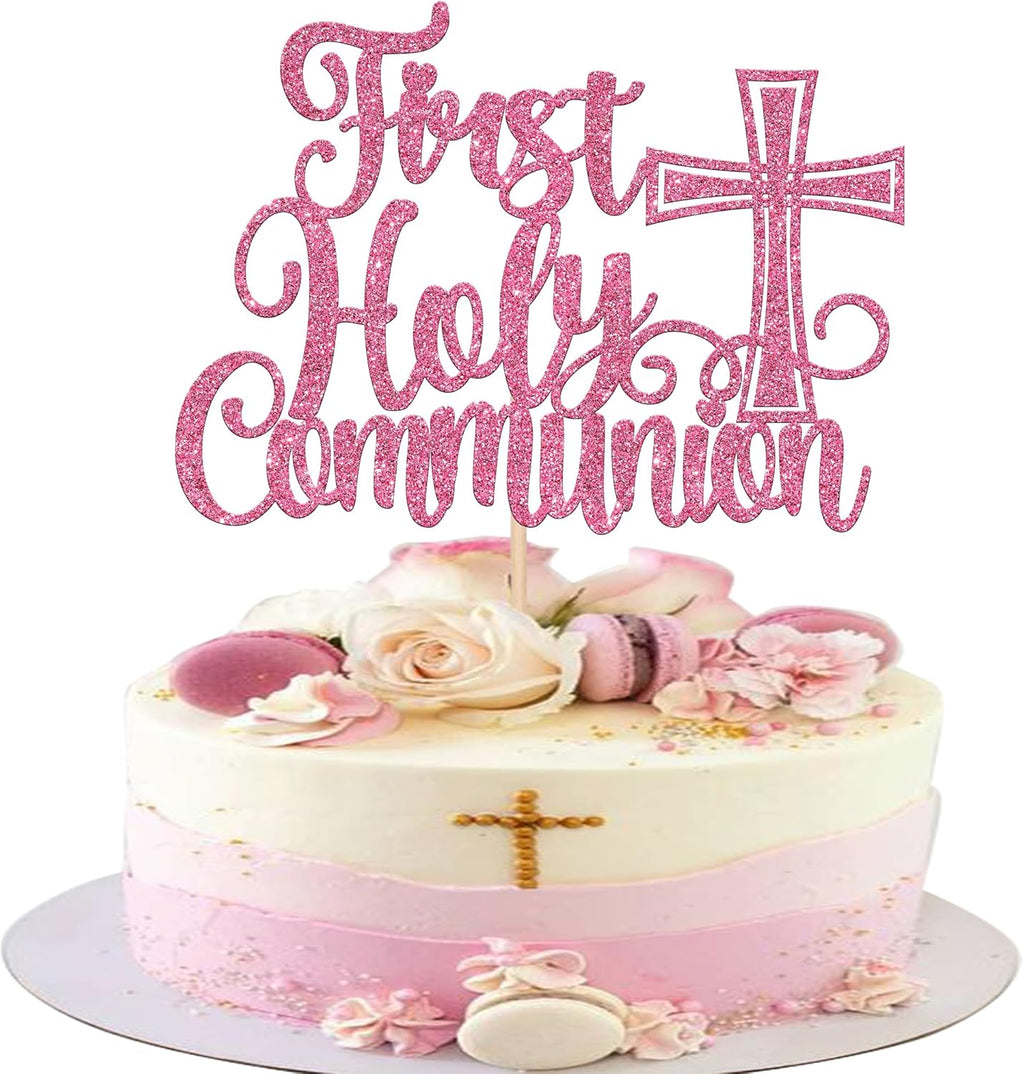 1 Pack First Holy Communion Cake Topper Glitter Cross Religious Cake Picks God Bless Cake Decorations for Baby Shower Religious Theme Kids Frist Birthday Party Decoration Supplies Pink