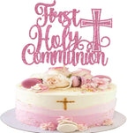 1 Pack First Holy Communion Cake Topper Glitter Cross Religious Cake Picks God Bless Cake Decorations for Baby Shower Religious Theme Kids Frist Birthday Party Decoration Supplies Pink