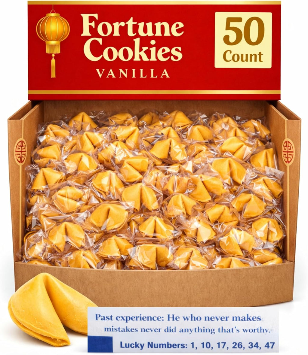 50 Fortune Cookies - Individually Wrapped with Fun, Traditional Fortunes, Lucky Numbers and Chinese Characters - Bundle of 50 Vanilla Cookies