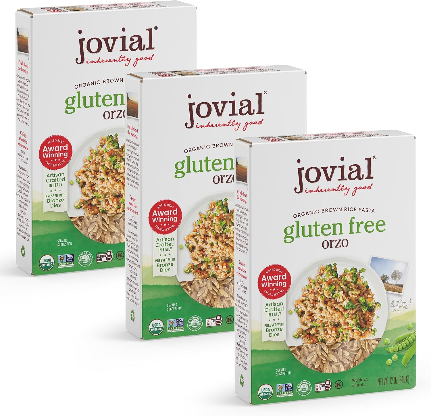 Jovial Organic Brown Rice Orzo Pasta - Gluten Free Whole Grain Orzo, Dairy Free, Made with 2 Ingredients, Non GMO, Artisan Crafted in Italy - 12 Oz (3 Pack)