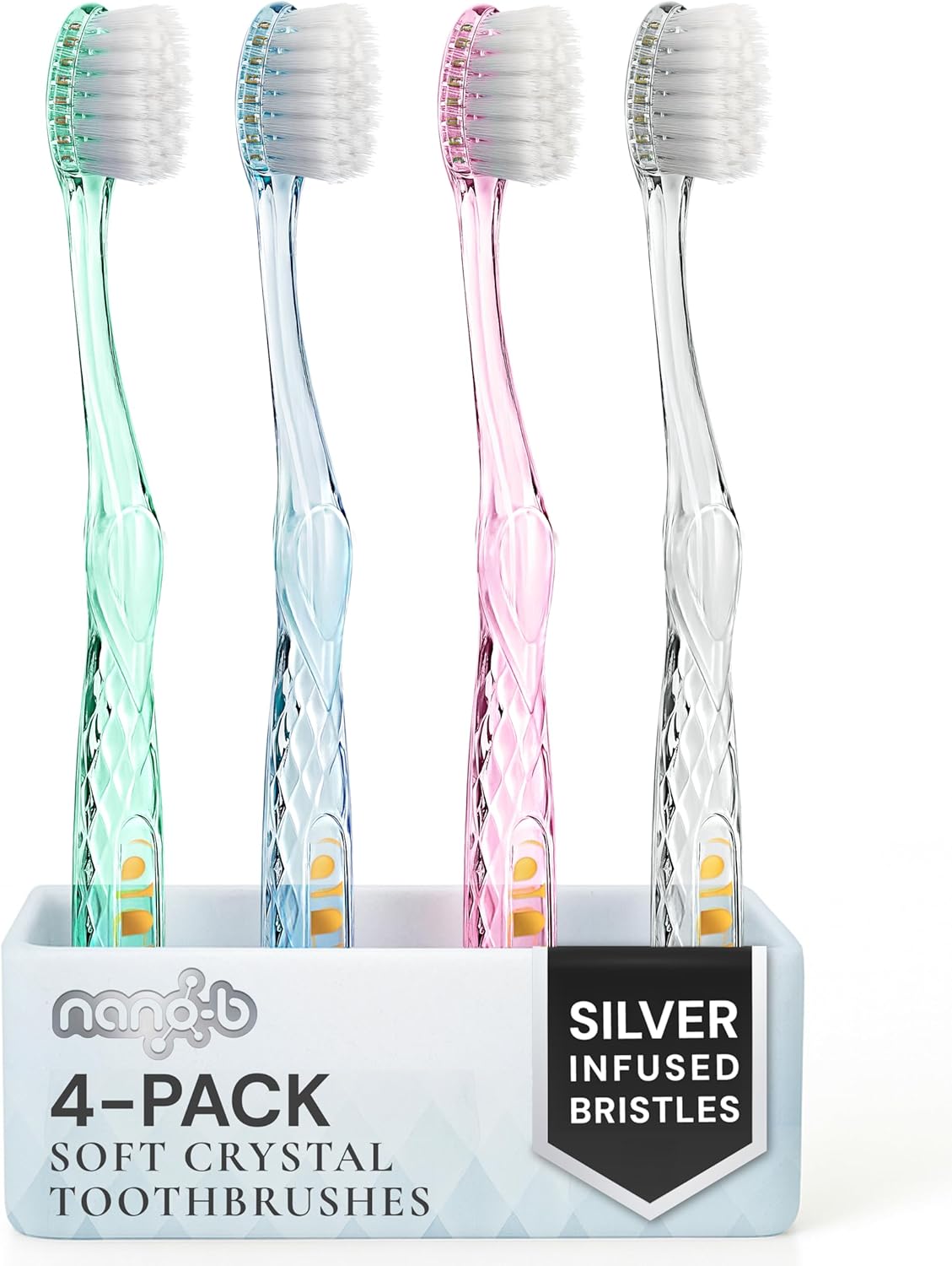 Nano-b Manual Toothbrush Set for Adults with Sensitive Gums, Silver Soft/Medium Bristles, Travel Cases, Blue, Pink, Green, Crystal, 4-Pack