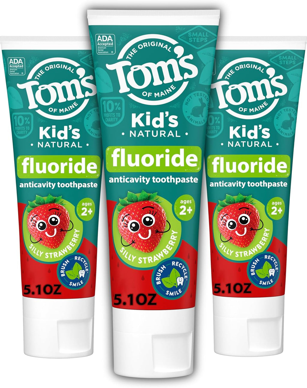 Tom's of Maine ADA Approved Fluoride Kids Toothpaste, Natural Toothpaste, Dye Free, No Artificial Preservatives, Silly Strawberry, 5.1 oz. 3-Pack (Packaging May Vary)