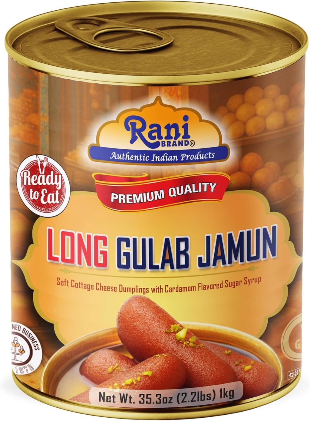 Rani Gulab Jamun Long (w/ Cardamom Flavored Sugar Syrup) 35.3oz (2.2lbs) 1kg, Approximately 14 pieces, Easy Open Lid ~ Ready to eat | Non-GMO | Kosher | Indian Origin