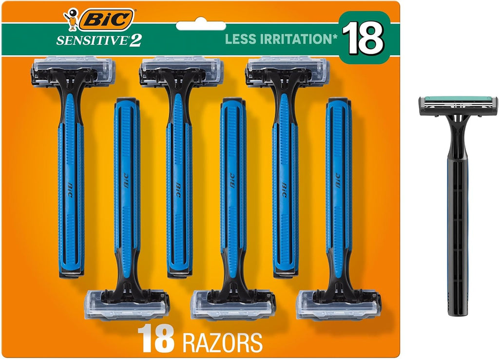 BIC Sensitive 2 Disposable Razors for Men With 2 Blades for Sensitive Skin, 18 Count Value Pack of Shaving Razors