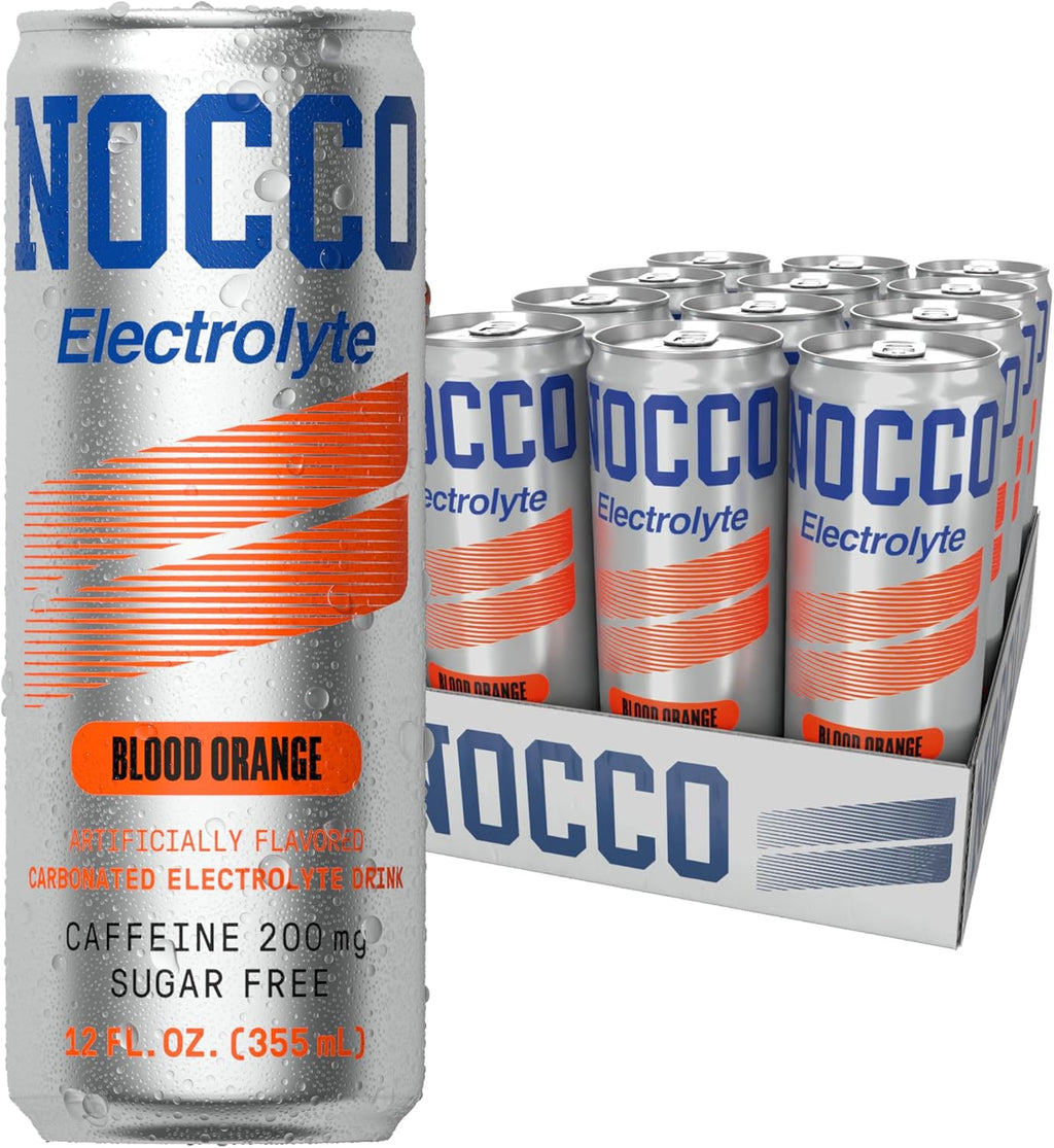 NOCCO Zero Sugar Electrolyte Drink, Blood Orange - 12 Fl Oz (Pack of 12) - 200mg Caffeine, Sugar Free with Electrolytes, Carbonated & Low Calorie, B Vitamins, Grab & Go Performance Drink