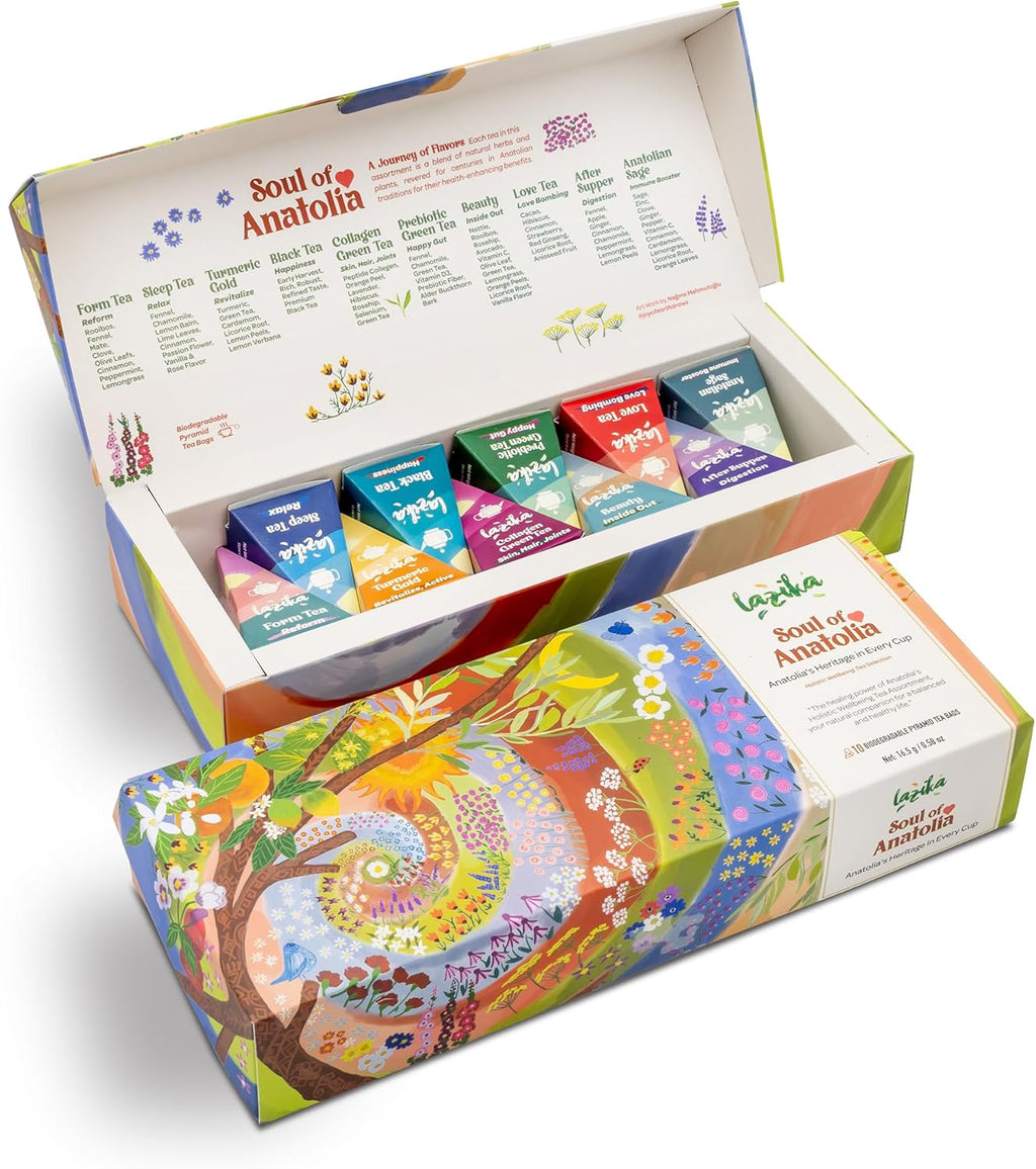 Lazika Tea Sampler with Lovely Presentation Box, 10 Counts, 2 of Each Blend Individually Wrapped, Black, Green and Herbal Tea Variety Gift Set, Premium Collection with Pyramid Infuser Bag, Handcrafted