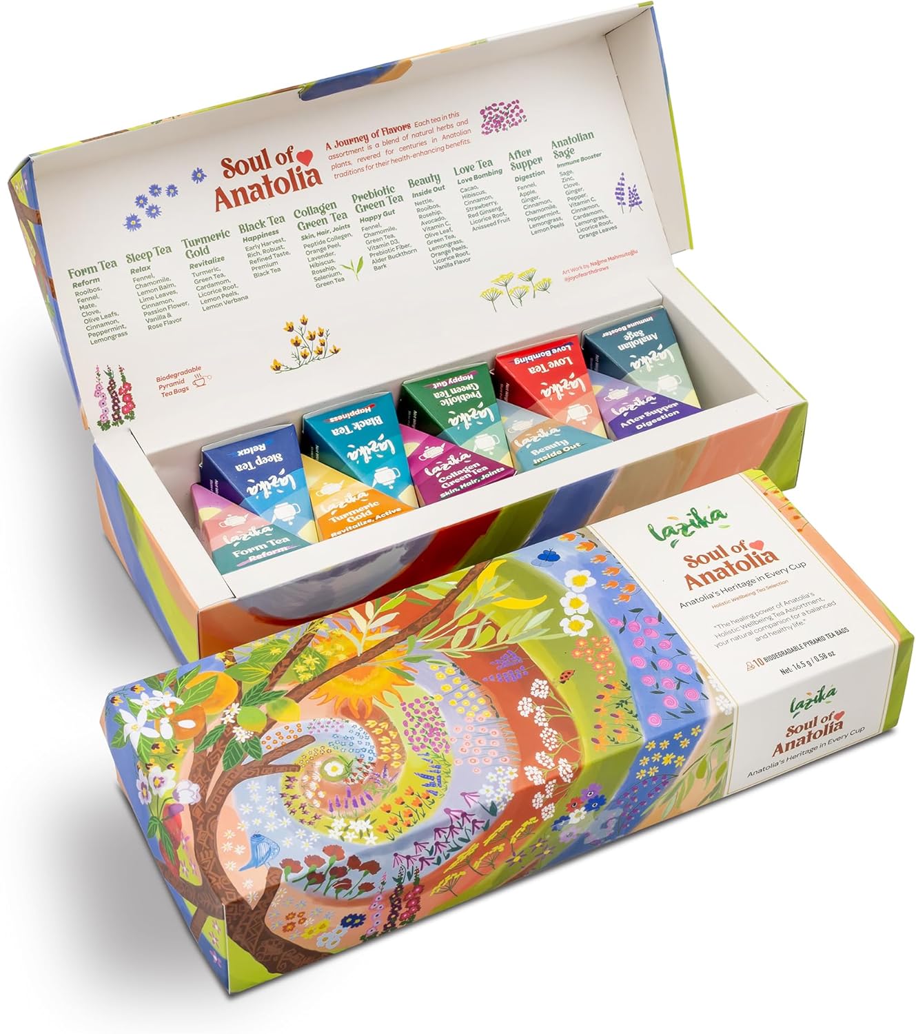 Lazika Tea Sampler with Lovely Presentation Box, 10 Counts, 2 of Each Blend Individually Wrapped, Black, Green and Herbal Tea Variety Gift Set, Premium Collection with Pyramid Infuser Bag, Handcrafted