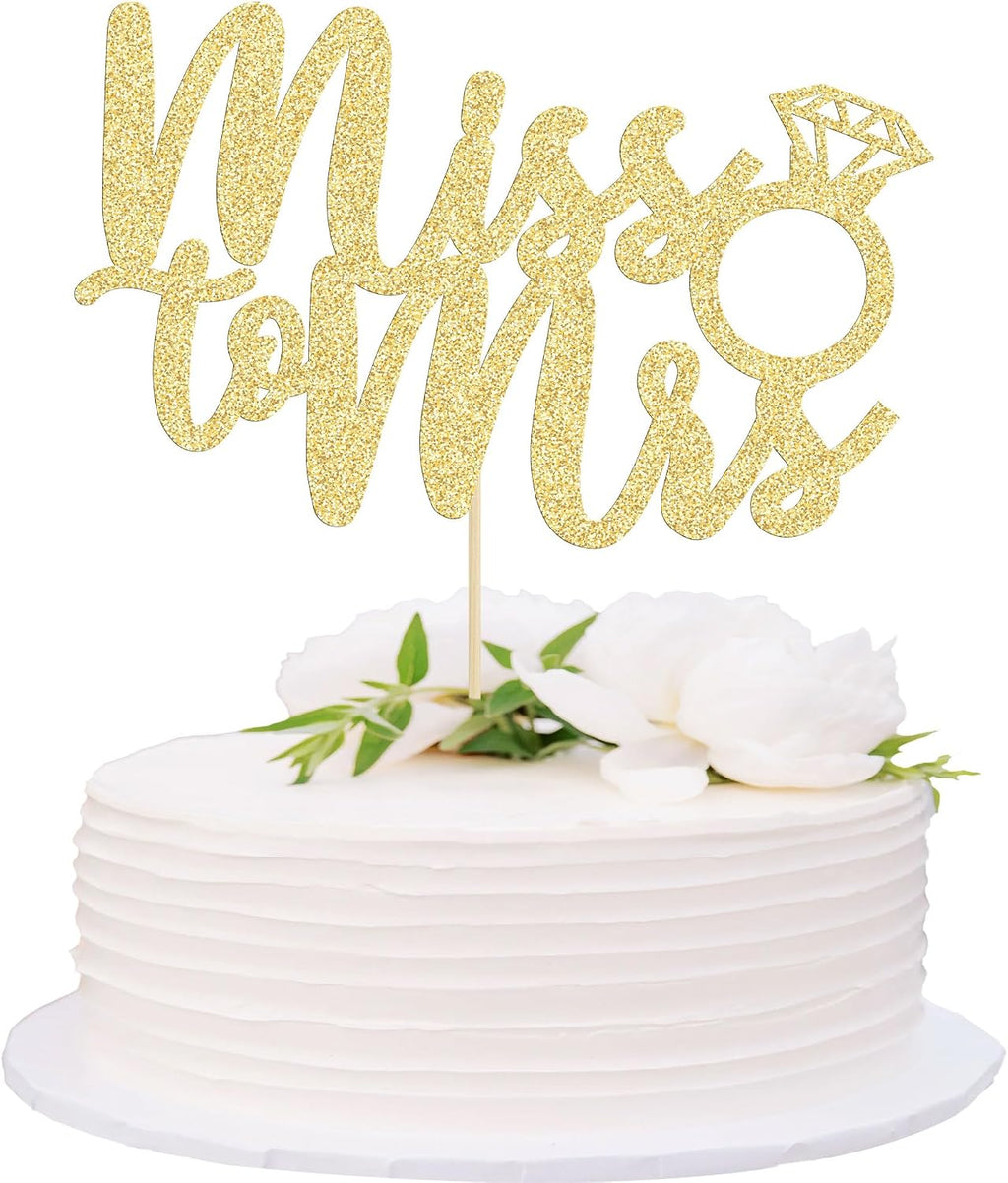 1Pc Miss to Mrs Cake Topper Gold Glitter Wedding Bridal Shower with Ring Cake Decorations for Bridal Shower Wedding Engagement Bachelorette Party Supplies