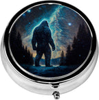 Pill Box, 3 Compartments Small Pill Case Travel Portable Metal Medicine Box with Mirror Mini Container for Purse Pocket Women Men（Bigfoot Mountain Moon）
