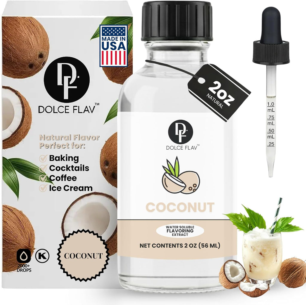 Dolce Flav Natural Coconut Extract – 2 Ounce Water-Soluble Kosher, Sugar-Free, Concentrated Tropical Coconut Flavoring for Baking, Beverages & Desserts, Includes Measured Dropper