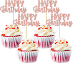 Gyufise 24Pcs Happy Birthday Cupcake Toppers Rose Gold Glitter Birthday Cake Picks for Celebrating Birthday Party Baby Shower Party Decorations Supplies