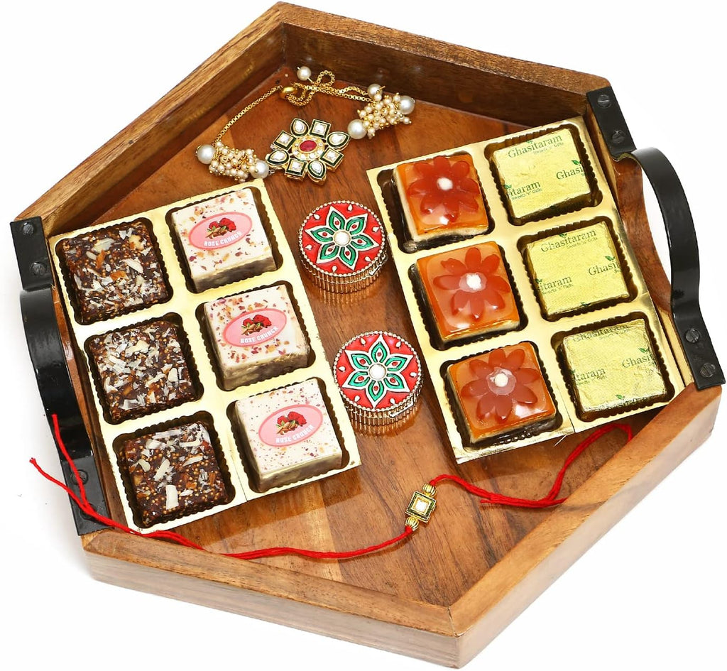 Ghasitaram Gifts Rakhi Gifts for Brothers Hexagon Tray of Assorted Bites, Roli Chawal Container and Bhaiya Bhabhi Rakhis