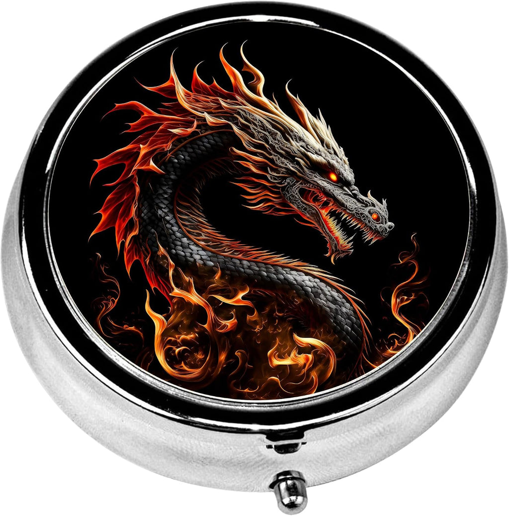 Pill Box, 3 Compartments Small Pill Case Travel Portable Metal Medicine Box with Mirror Mini Container for Purse Pocket Women Men(Fire Dragon)