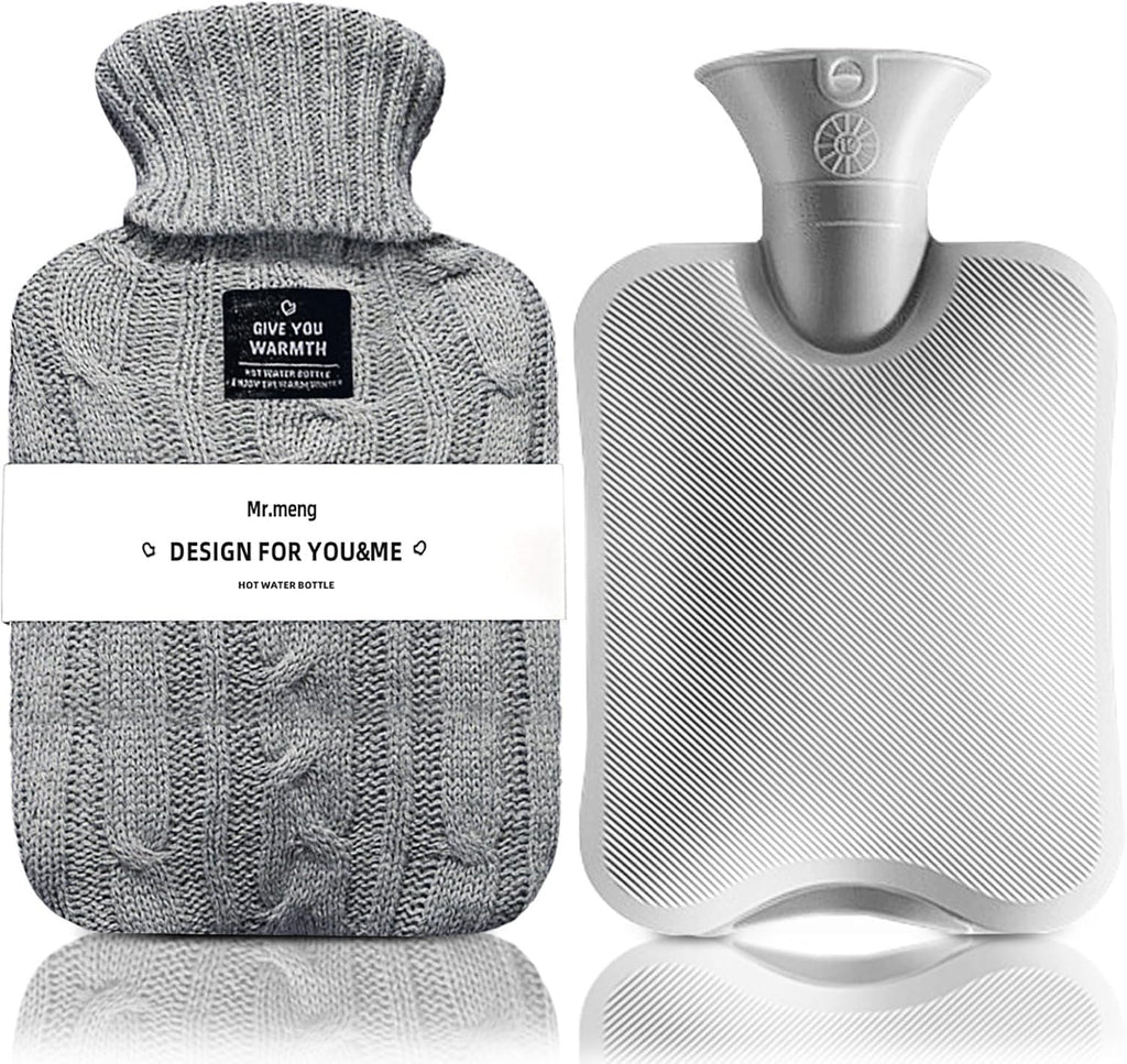 Hot Water Bottle with Knitted Cover, Leak-Proof Hot Water Bag for Hot and Cold Compress, Hand Feet Warmer, Ideal for Menstrual Cramps, Neck and Shoulder Pain Relief,Warming Bed (Gray, 1 L)