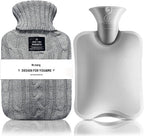Hot Water Bottle with Knitted Cover, Leak-Proof Hot Water Bag for Hot and Cold Compress, Hand Feet Warmer, Ideal for Menstrual Cramps, Neck and Shoulder Pain Relief,Warming Bed (Gray, 1 L)