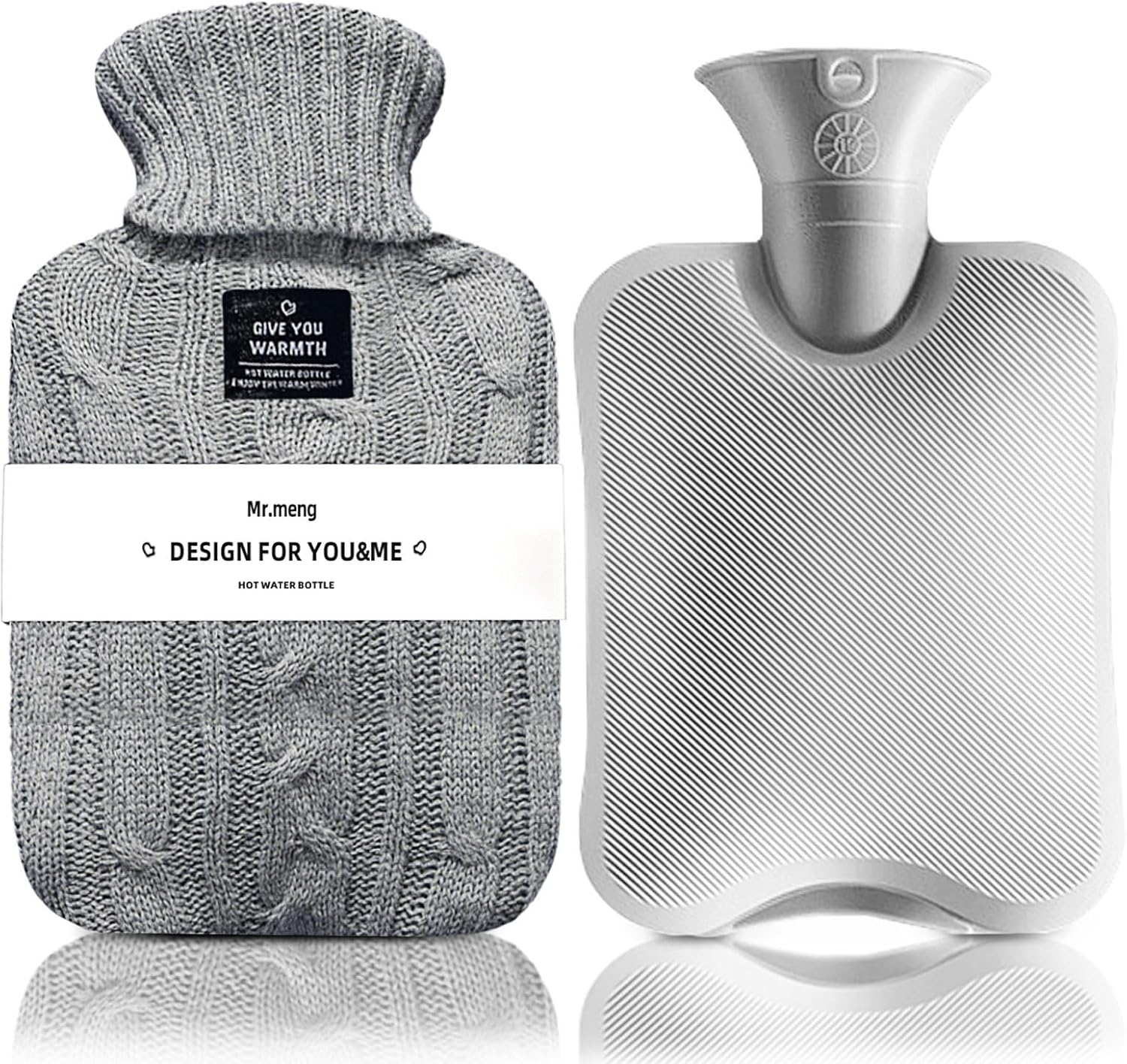 Hot Water Bottle with Knitted Cover, Leak-Proof Hot Water Bag for Hot and Cold Compress, Hand Feet Warmer, Ideal for Menstrual Cramps, Neck and Shoulder Pain Relief,Warming Bed (Gray, 1 L)