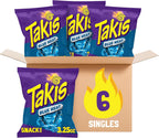 Takis Blue Heat 6 pc / 3.25 oz Snack Size Case, Hot Chili Pepper Flavored Extreme Spicy Rolled Tortilla Chips