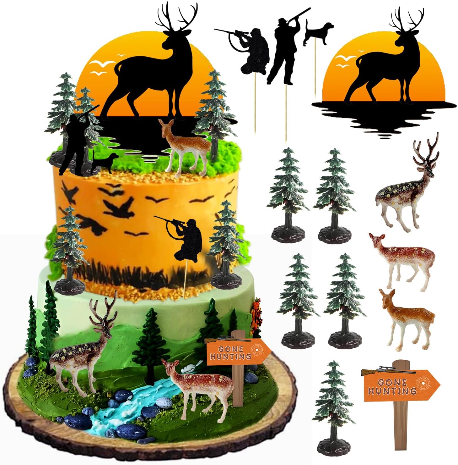 13PCS Deer Hunting Cake Topper Deer Hunter Cake Decoration Set Deer Tree Green Camo Hunting Birthday Decorations for Camo Camping Hunting Birthday Baby Shower Party Supplies