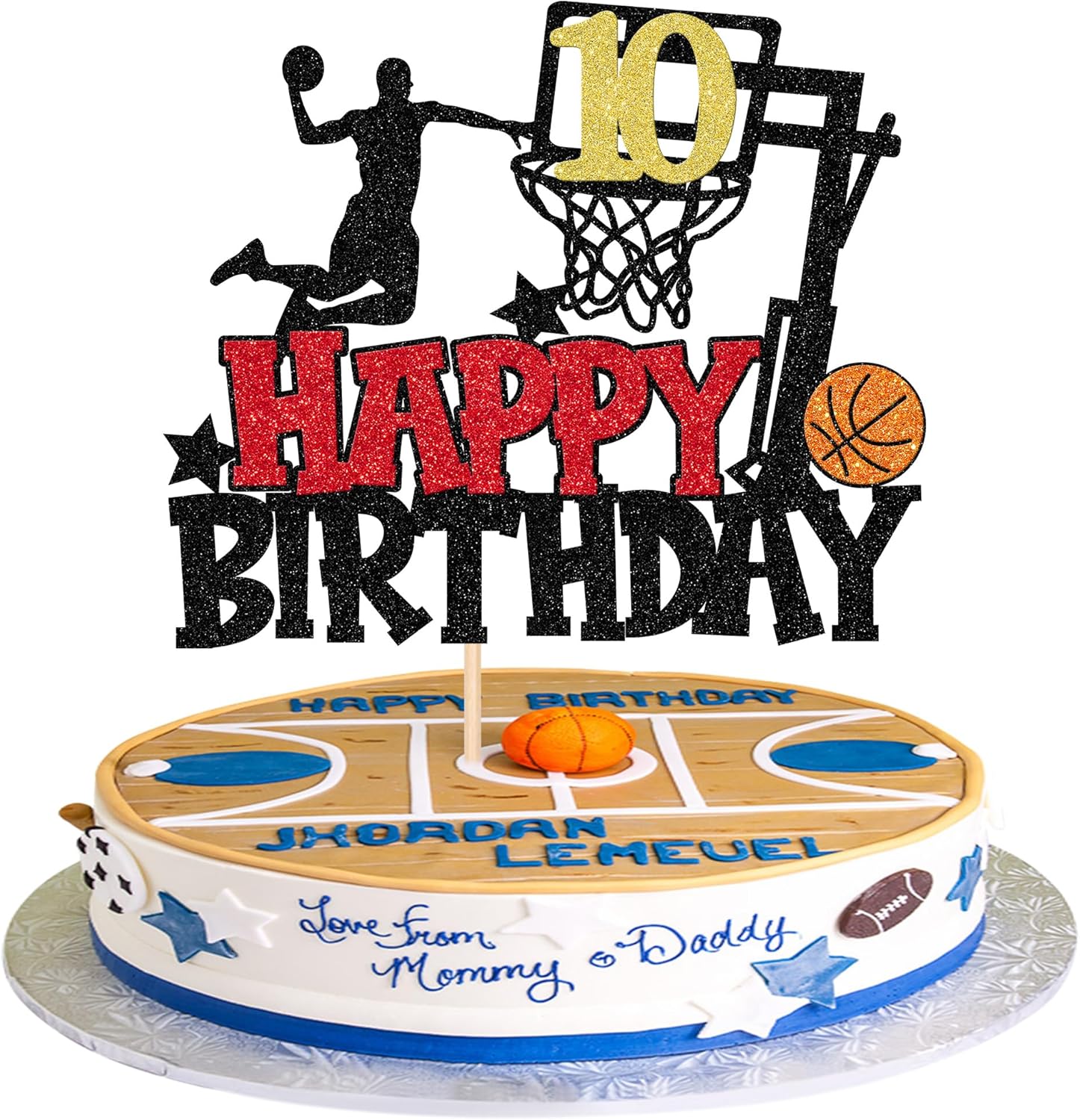 1 PCS Happy 10th Birthday Basketball Cake Topper Glitter Basketball Sports Theme 10th Birthday Cake Pick Cheers to 10 Birthday Cake Decoration for Basketball Theme Happy 10th Birthday Party Supplies