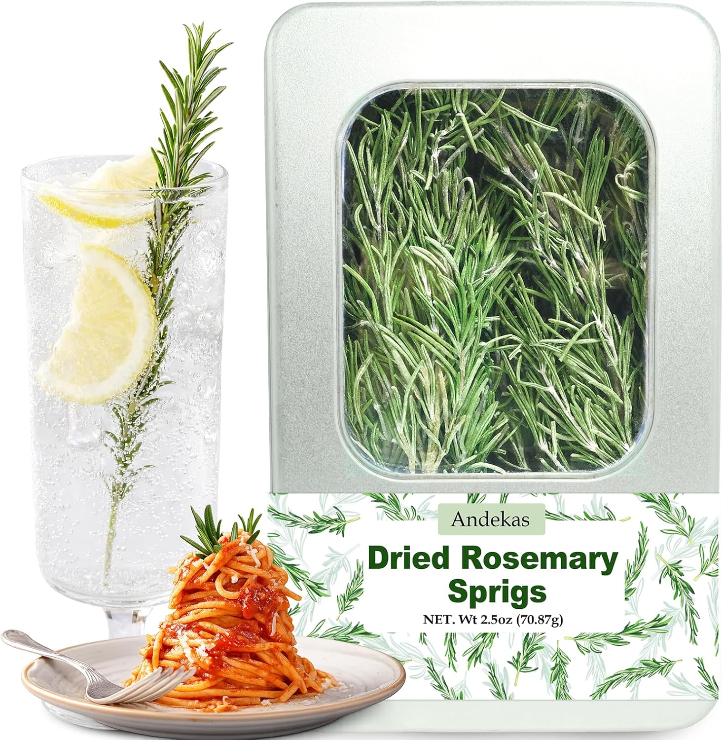 30–35PCS Dried Whole Rosemary Sprigs, 2.5oz Natural Spices in Clear-Window Tin, 7" Air-Dried Rosemary for Cooking, Baking, Tea, Gift & Aromatic Crafting
