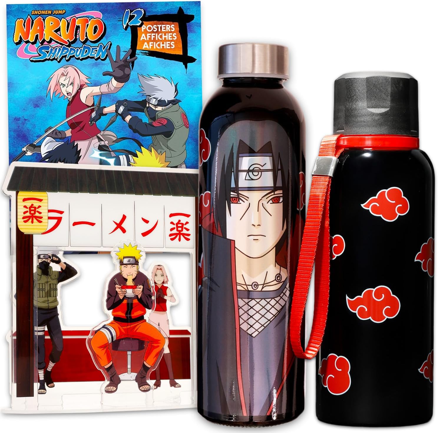 Naruto Shippuden Water Bottle Set - Bundle with 12 Oz Stainless Steel Bottle with Strap and 8 Oz Plastic Bottle Plus More | Naruto Merchandise