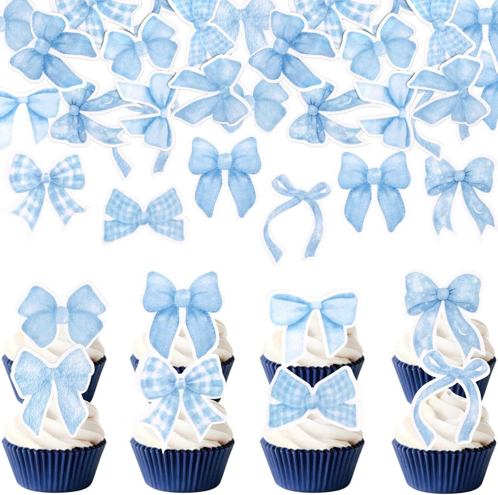 64 PCS Edible Bow Cupcake Toppers Wafer Paper Bowknot Cupcake Picks Edible Bow Cupcake Decorations for Baby Shower Wedding Kids Birthday Christmas New Year Party Cake Decorations Supplies Blue