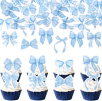 64 PCS Edible Bow Cupcake Toppers Wafer Paper Bowknot Cupcake Picks Edible Bow Cupcake Decorations for Baby Shower Wedding Kids Birthday Christmas New Year Party Cake Decorations Supplies Blue