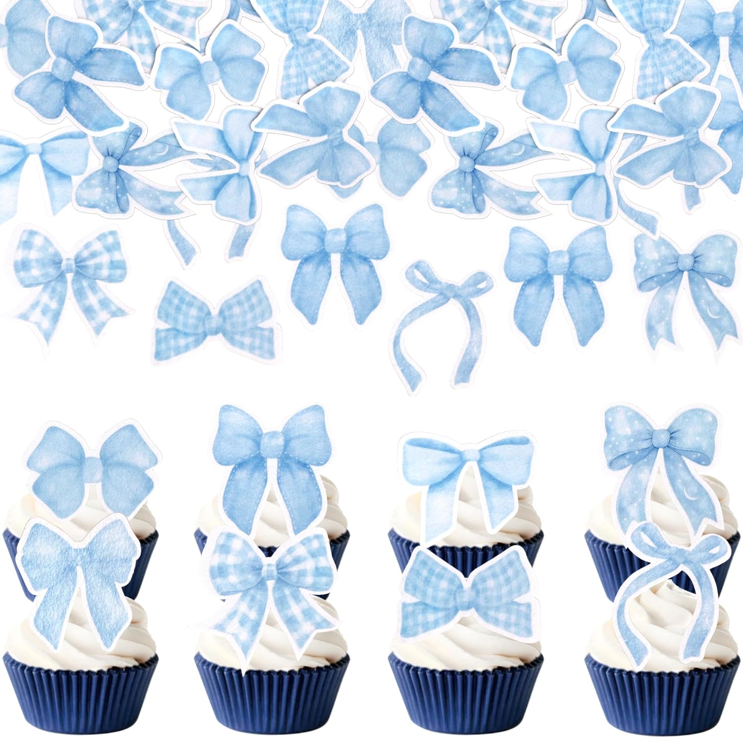 64 PCS Edible Bow Cupcake Toppers Wafer Paper Bowknot Cupcake Picks Edible Bow Cupcake Decorations for Baby Shower Wedding Kids Birthday Christmas New Year Party Cake Decorations Supplies Blue