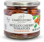 CAMPO D'ORO - Sundried Cherry Tomatoes in Oil, Made with Fresh Basil, Glass Jar 6.35oz, 100% made in Italy, Sicilian Bruschetta Recipe
