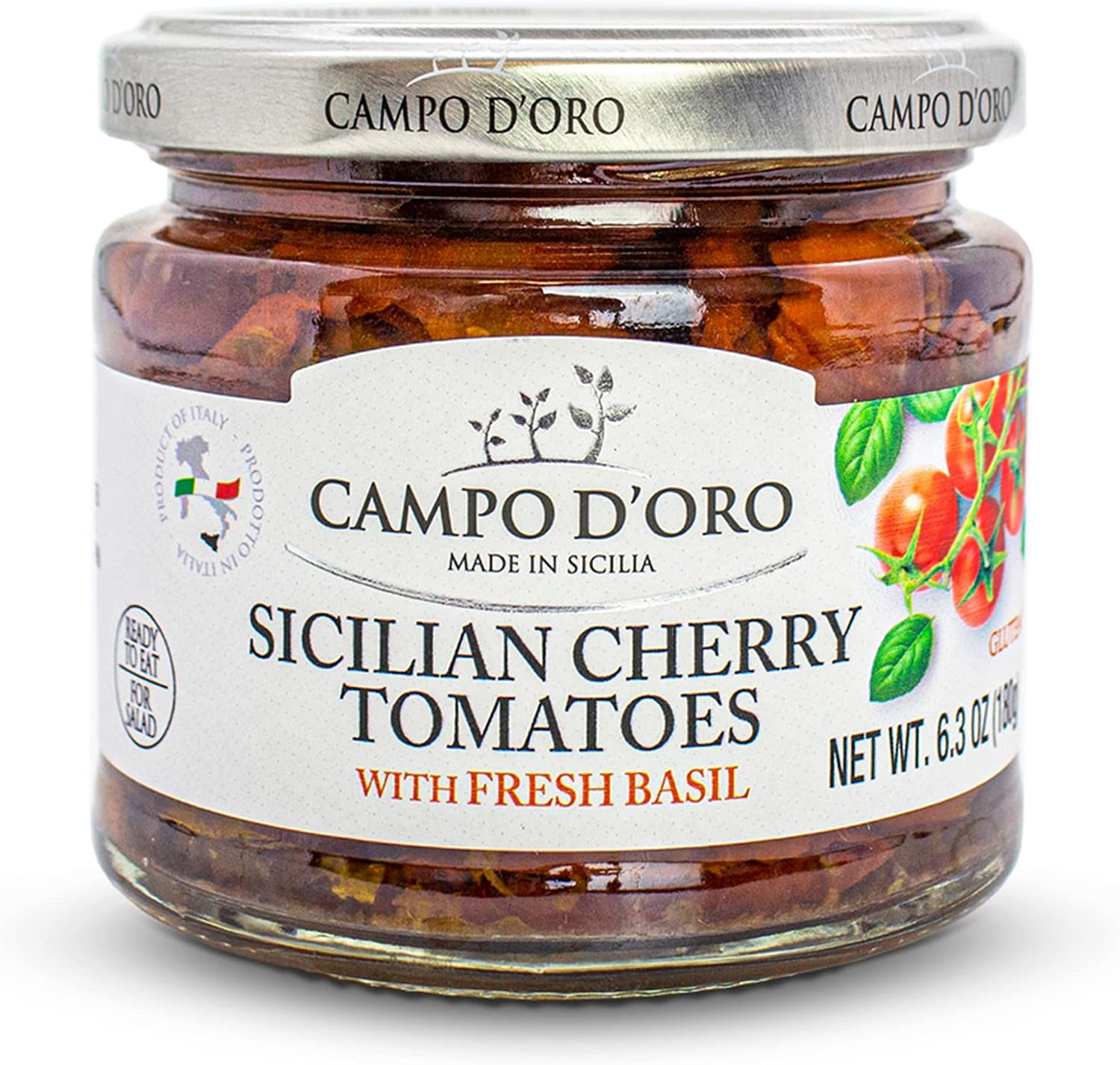CAMPO D'ORO - Sundried Cherry Tomatoes in Oil, Made with Fresh Basil, Glass Jar 6.35oz, 100% made in Italy, Sicilian Bruschetta Recipe