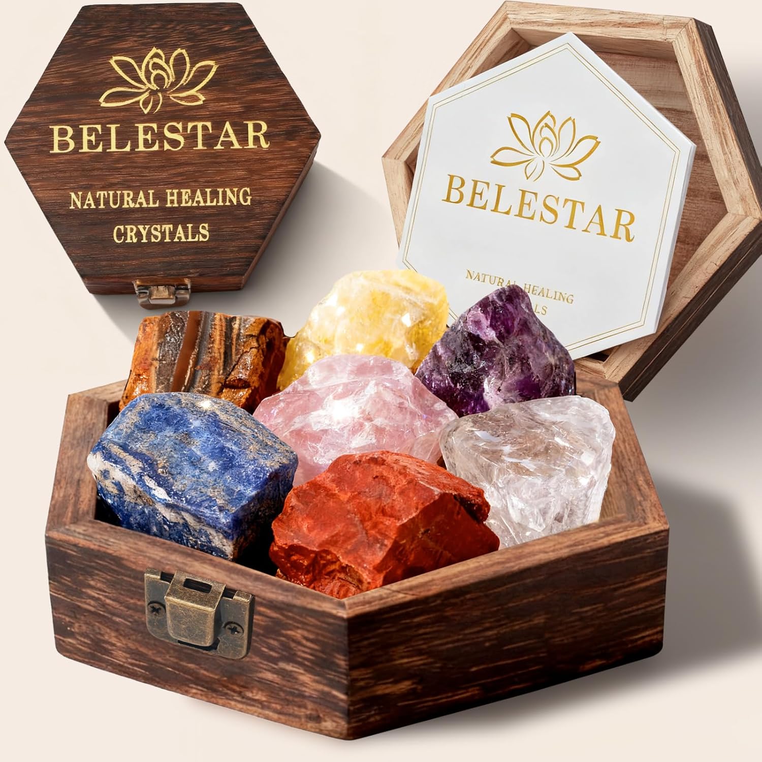 7 Chakra Healing Crystals Set - Large Raw Stones Energy Alignment Kit with Wooden Gift Box & Guidebook