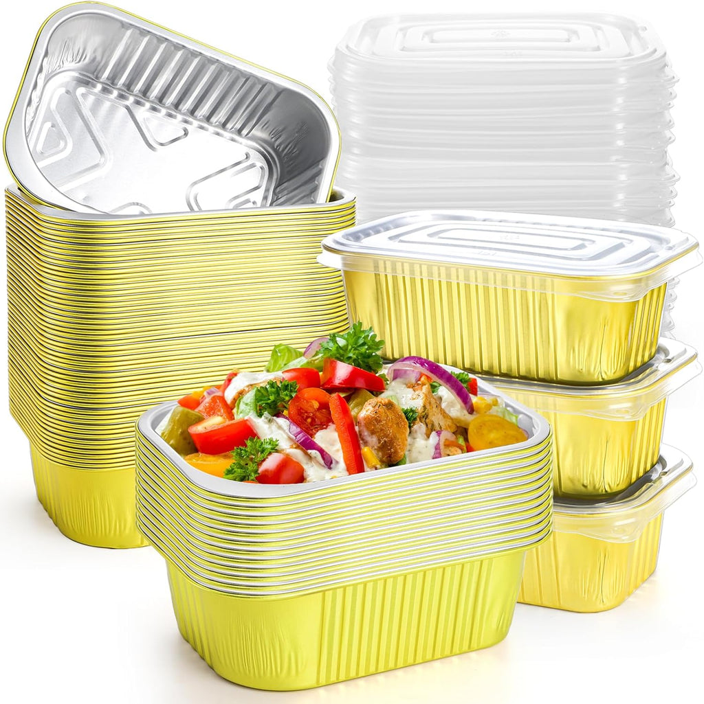 DEAYOU 50 Pack Small Aluminum Pans with Lids, 1.5 LB Heavy Duty Disposable Foil Cake Baking Tins, Bread Loaf Pans Takeout Food Containers for Leftover, Meal Prep, Freezer, 6.3" x 4.4" x 2.1", 24oz