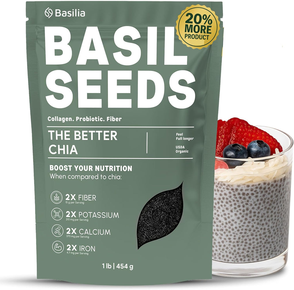Basilia Basil Seeds Organic for Eating | 2x More Fiber than Chia | Nutrition-Packed Edible Basil Seeds Superfood for Breakfast, Smoothies & Drinks | Keto Friendly & Gluten Free | 1lb Bag