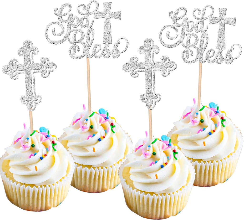 Rsstarxi 24 Pack Baptism Cupcake Toppers First Communion Cupcake Toppers Glitter Cross God Bless Cupcake Picks for Baby Shower Christian Baptism Party Cake Decorations Silver