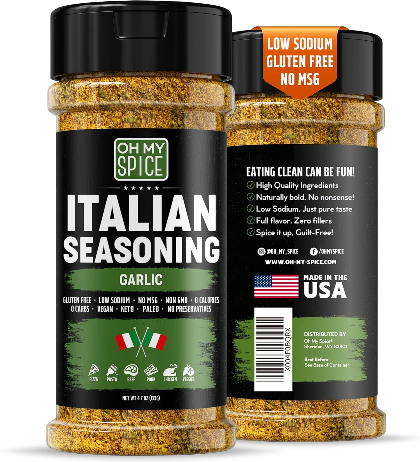 Italian Seasoning Blend Garlic Powder Mix - Gluten Free & Low Sodium Pizza Seasonings for Bruschetta & Spaghetti. Garlic and Herb Seasoning for Italian Food. Mediterranean Spices Pizza Toppings. 4.7oz
