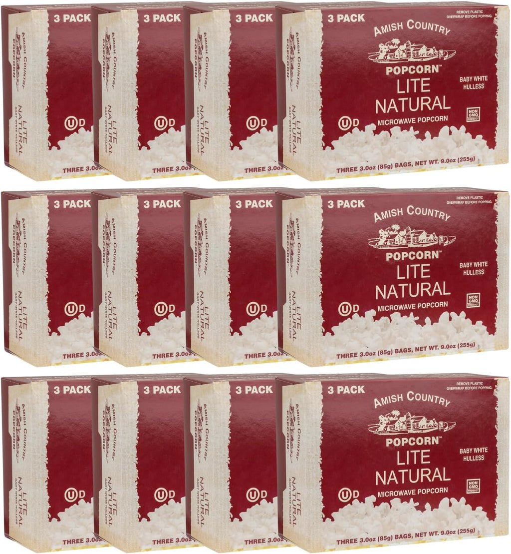 Amish Country Popcorn | Old Fashioned Microwave Popcorn | Non-GMO, Gluten Free, Microwaveable and Kosher (Lite Natural White Hulless, 36 Bags)