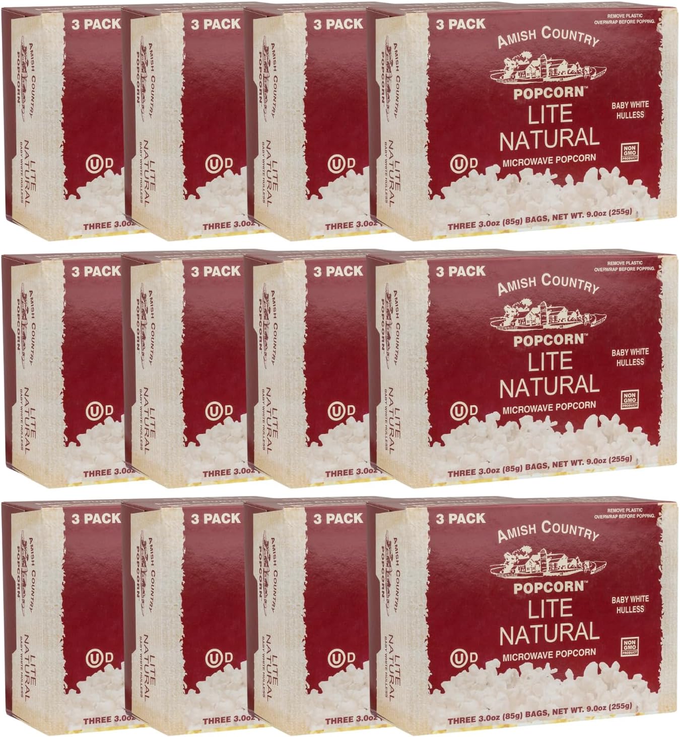 Amish Country Popcorn | Old Fashioned Microwave Popcorn | Non-GMO, Gluten Free, Microwaveable and Kosher (Lite Natural White Hulless, 36 Bags)