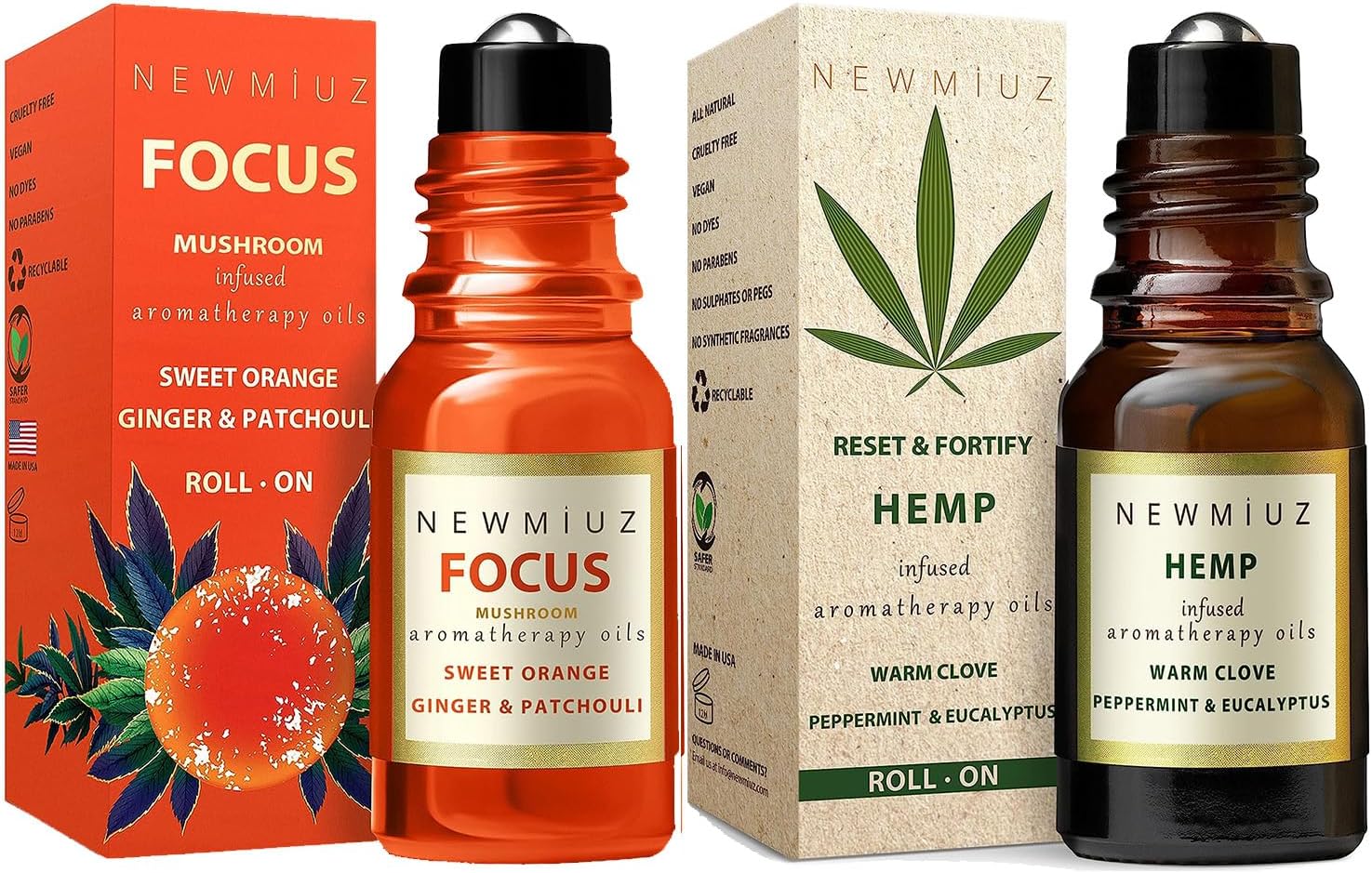 Roll-On Essential Oil Blends Focus Memory Concentration Orange Ginger Patchouli & Ease destress Hemp Peppermint Eucalyptus Clove and Arnica, Pack of 2