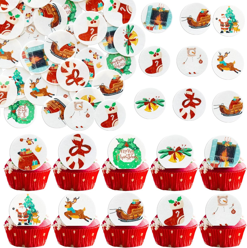 Ephlyn 50Pcs Edible Christmas Cake Toppers Wafer Paper Christmas Cupcake Decorations Xmas Cookie Decorations for Xmas Festival Birthday Party Food Decor Multi