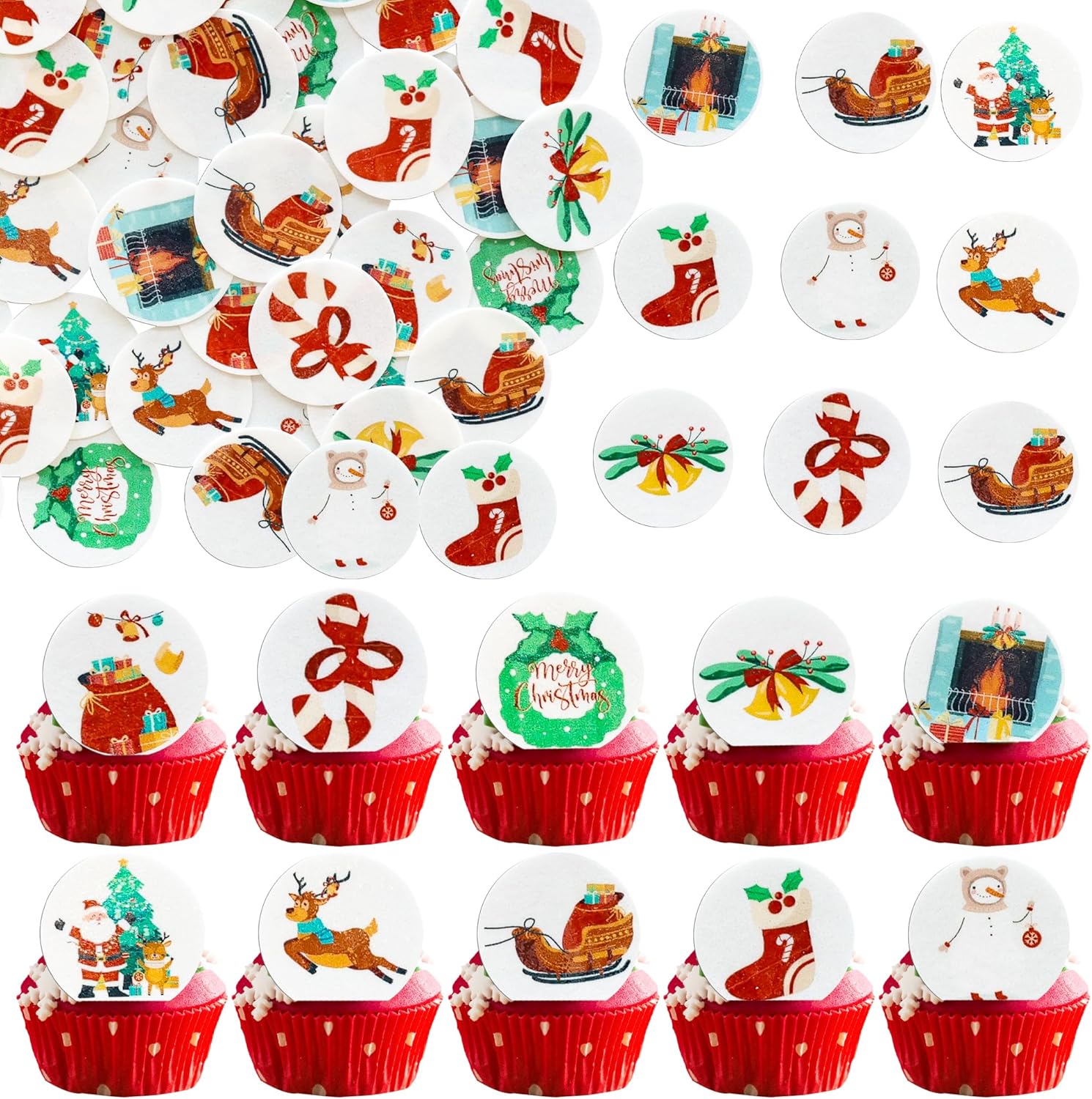 Ephlyn 50Pcs Edible Christmas Cake Toppers Wafer Paper Christmas Cupcake Decorations Xmas Cookie Decorations for Xmas Festival Birthday Party Food Decor Multi