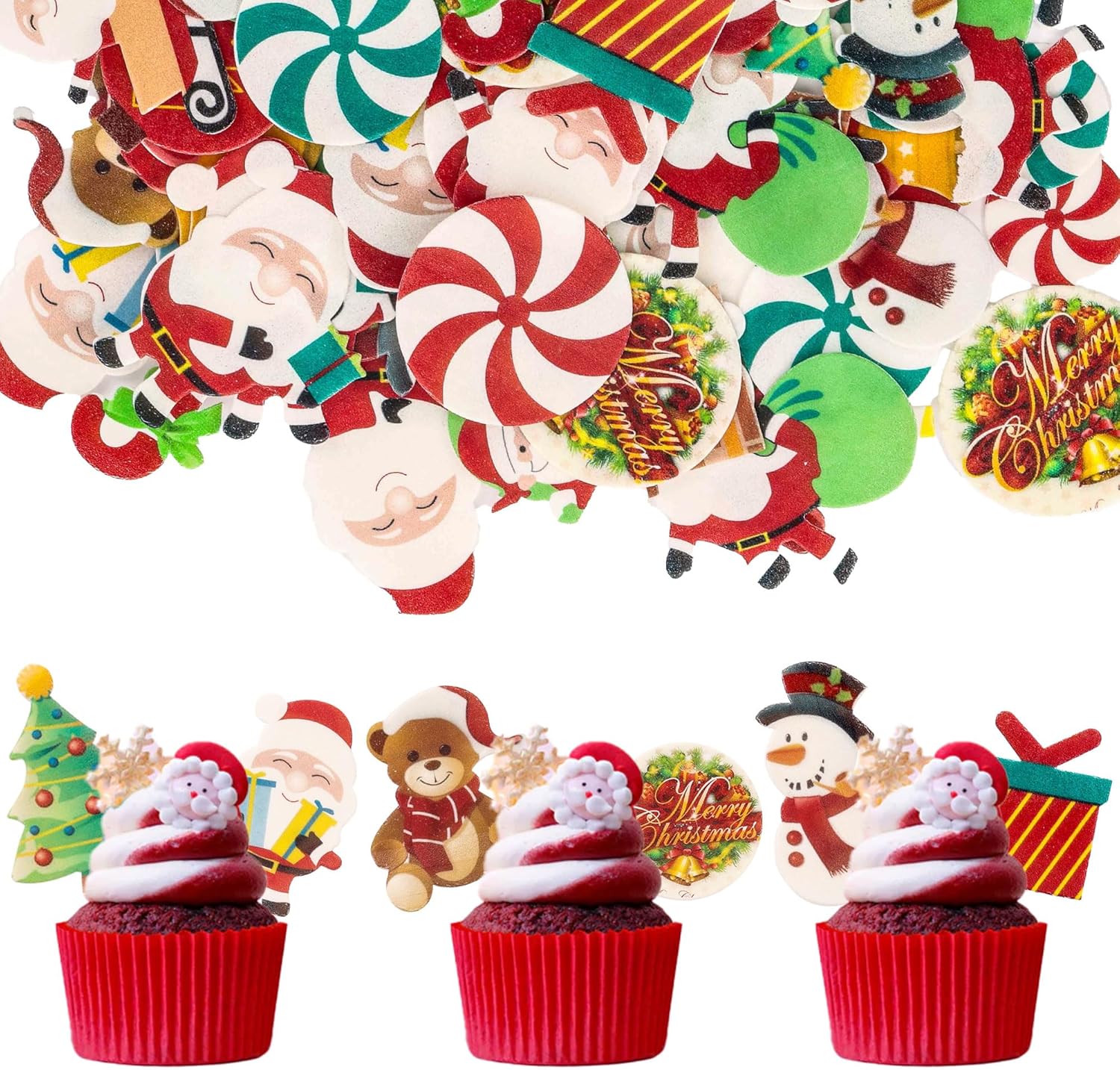 Gyufise 60Pcs Edible Christmas Cake Cupcake Decoration Edible Xmas Santa Claus Snowman Socks Cake Decorations Wafer Paper Holiday Cake Topper for Christmas Party Supplies