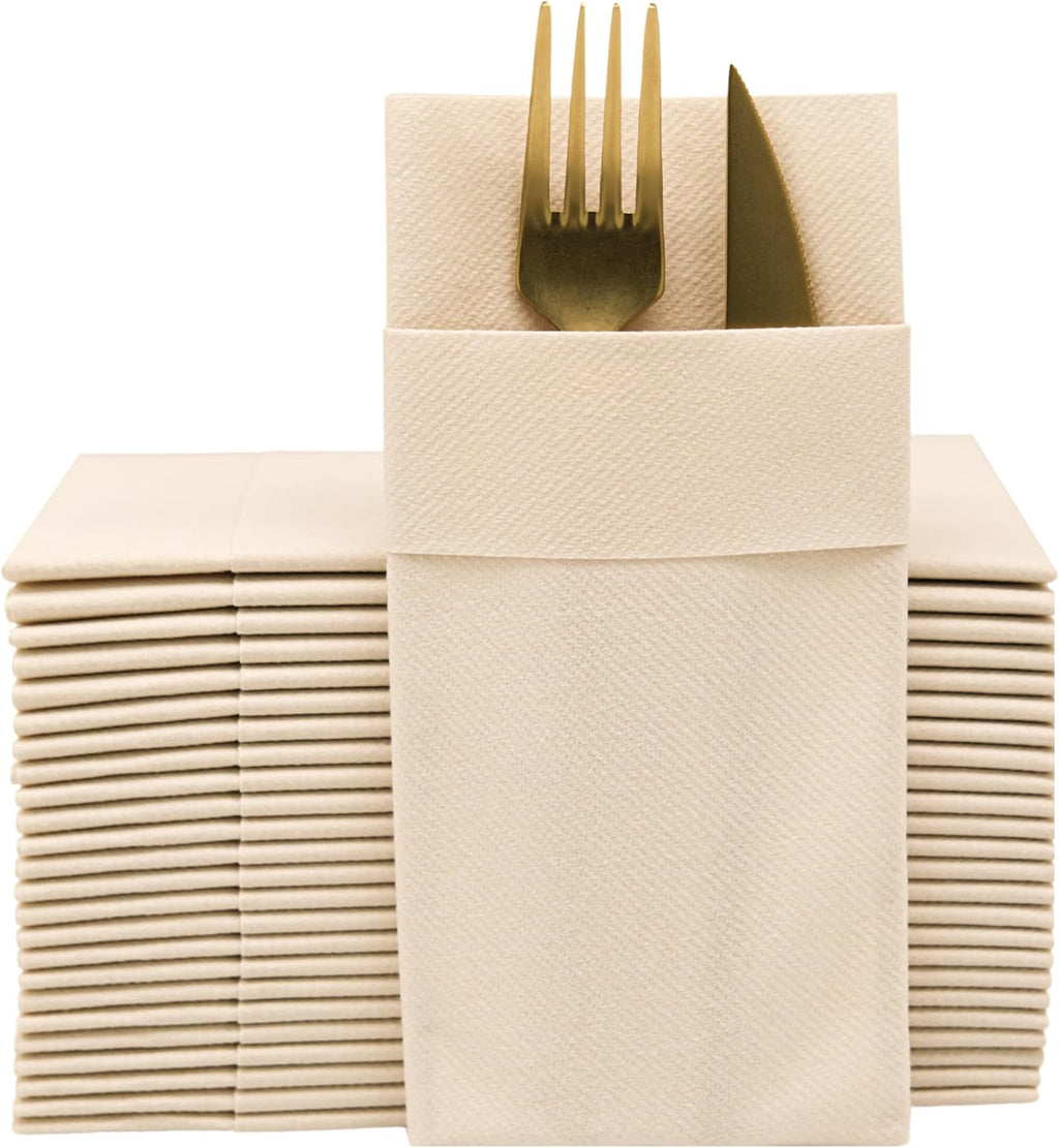 Beige Dinner Napkins Cloth Like with Built-in Flatware Pocket, Linen-Feel Absorbent Disposable Paper Hand Napkins for Kitchen, Bathroom, Parties, Weddings, Dinners or Events, 16x16 inches, Pack of 50