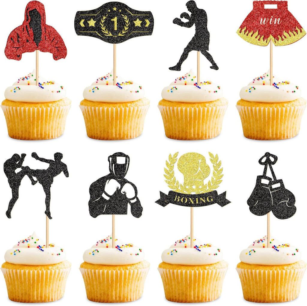 Ercadio 32 Pack Boxing Player Cupcake Toppers Black Red Glitter Boxing Gloves Cupcake Picks Boxer Gym Theme Baby Shower Birthday Party Cake Decorations Supplies