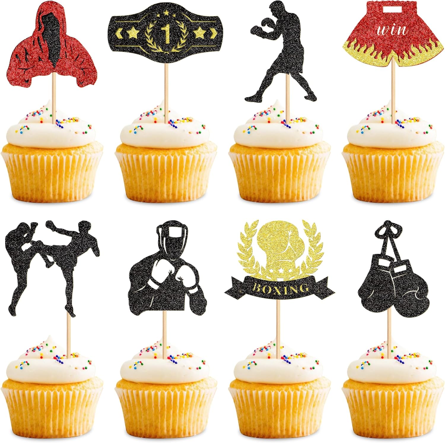Ercadio 32 Pack Boxing Player Cupcake Toppers Black Red Glitter Boxing Gloves Cupcake Picks Boxer Gym Theme Baby Shower Birthday Party Cake Decorations Supplies